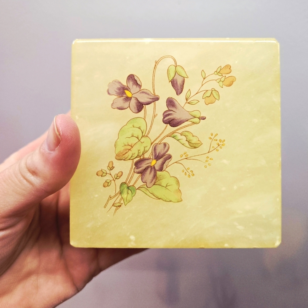 Vintage Alabaster Stone Floral Hinged Trinket Jewelry Box